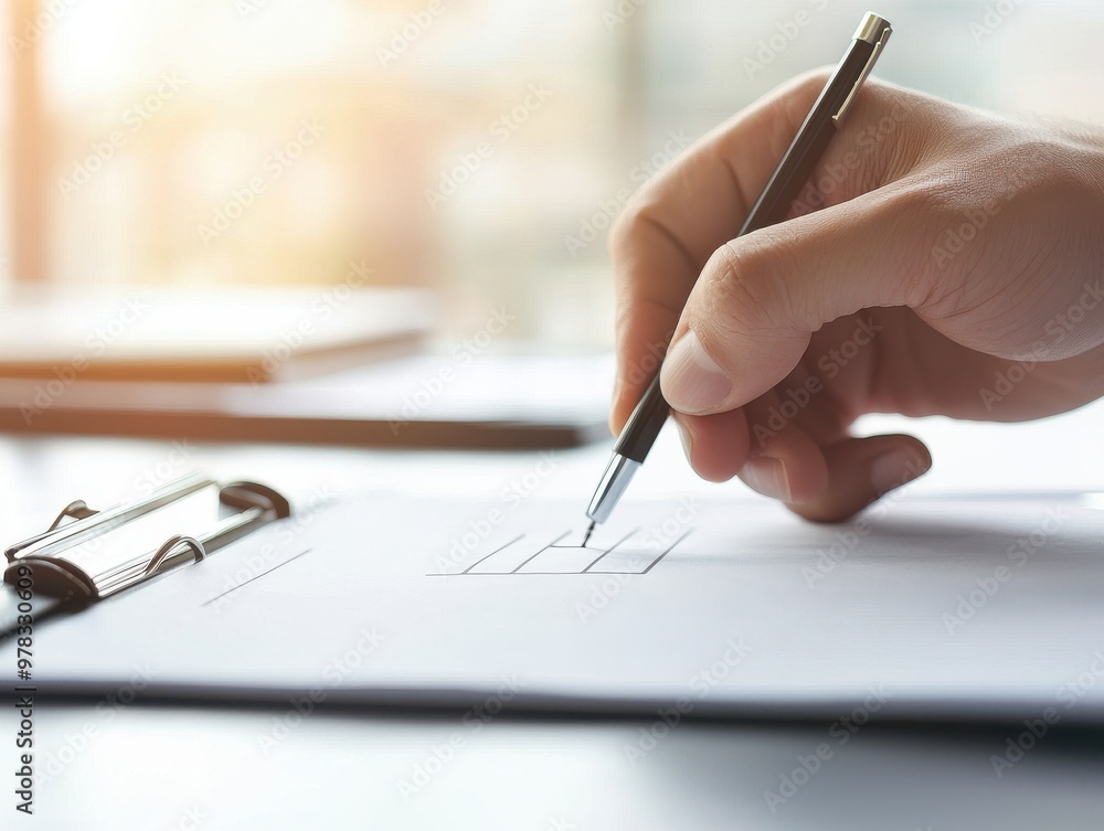 Close-up of a hand holding a pen, sketching on paper in a bright workspace, symbolizing creativity and design process. Close-up of a hand holding a pen, sketching on paper in a bright workspace, symbolizing creativity and design process.