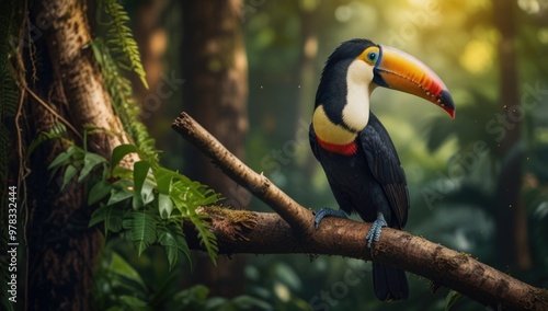 Toucan perking on a branch in the forest with a natural light