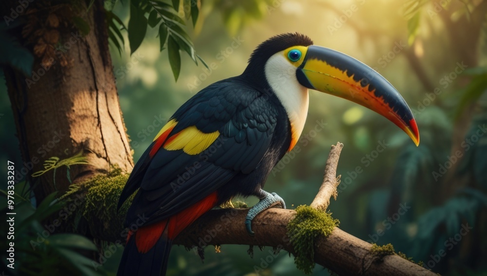 Toucan perking on a branch in the forest with a natural light Toucan perking on a branch in the forest with a natural light