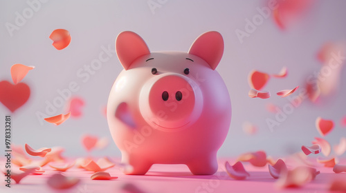  Pink piggy bank with floating hearts on a soft pastel background