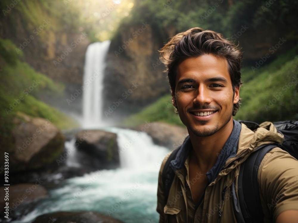 tourist taking selfie picture in front of waterfall in national park tourist taking selfie picture in front of waterfall in national park