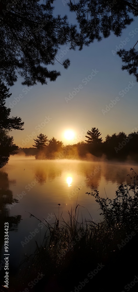 Obraz premium 1. **A serene sunrise over a tranquil lake, with mist rising from the water and a silhouette of trees along the shore.