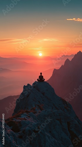 Wallpaper Mural A serene sunset view from a mountain peak, featuring a person meditating in peaceful reflection amidst breathtaking nature. Torontodigital.ca