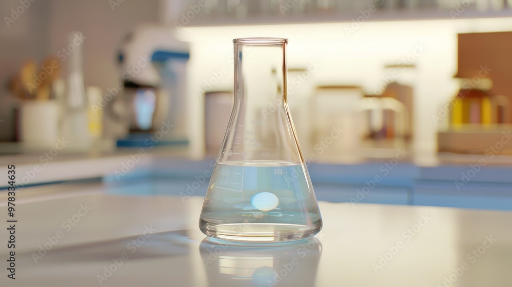 Close-up of glass beaker with clear liquid and floating indicator showing high lead levels, set on white countertop with copy space for text or design. Close-up of glass beaker with clear liquid and floating indicator showing high lead levels, set on white countertop with copy space for text or design.