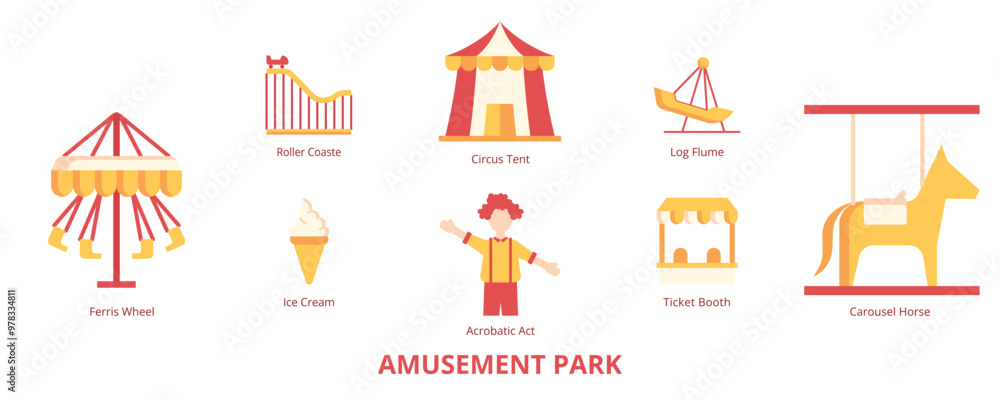 Amusement Park Flat Banner Web Icon Set Vector Illustration, Roller Coaster Ferris Wheel Carousel Horse Ticket Booth Ice Cream Circus Tent Acrobatic Act Log Flume Amusement Park Flat Banner Web Icon Set Vector Illustration, Roller Coaster Ferris Wheel Carousel Horse Ticket Booth Ice Cream Circus Tent Acrobatic Act Log Flume