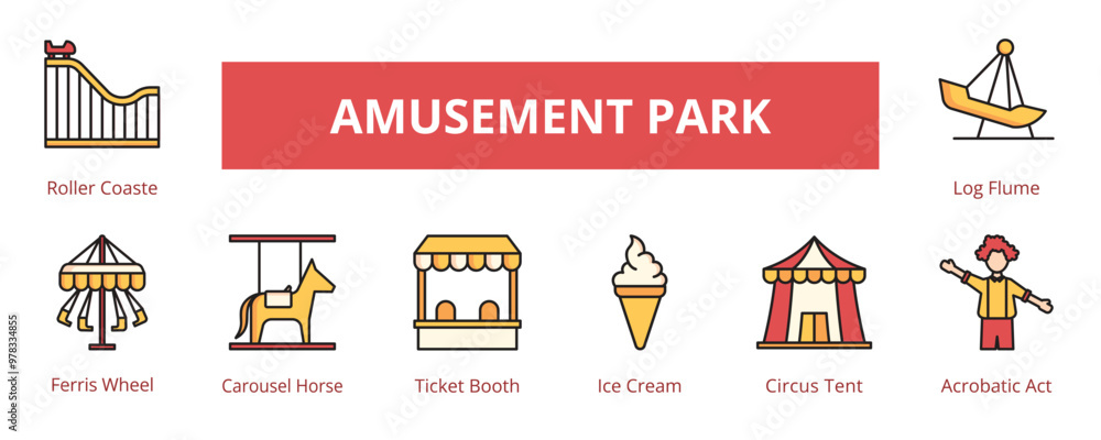 Amusement Park Lineal Color Banner Web Icon Set Vector Illustration ...