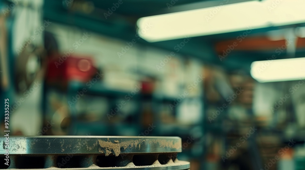 Obraz premium Close-up of worn brake disc with visible rust, indicating defect in vehicle maintenance, set in mechanic's workshop environment.