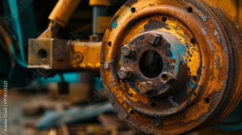 Close-up of worn brake disc with visible rust, indicating defect in vehicle maintenance, set in mechanic's workshop environment.