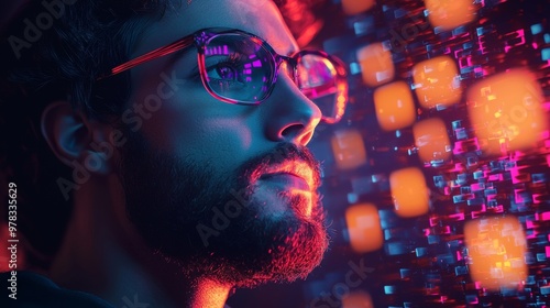 Man with glasses looking at digital data in neon lights