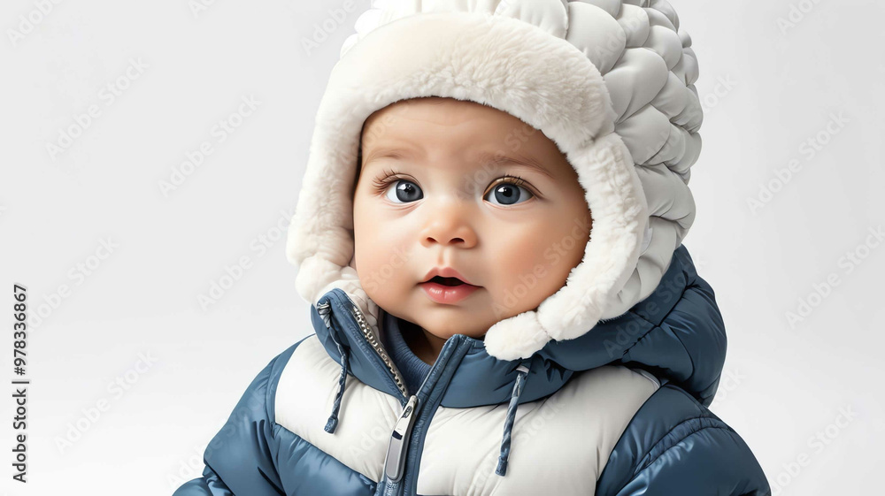 Baby wearing puffer jacket and fleece hat on plain white background Baby wearing puffer jacket and fleece hat on plain white background