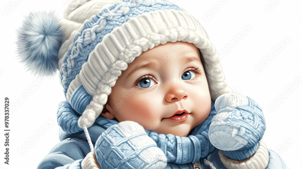 Baby wearing winter hat and mittens on plain white background Baby wearing winter hat and mittens on plain white background
