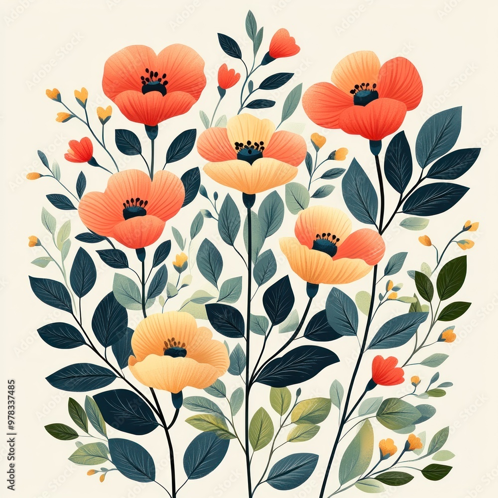 Floral Illustration with Orange and Yellow Flowers and Green Leaves Floral Illustration with Orange and Yellow Flowers and Green Leaves