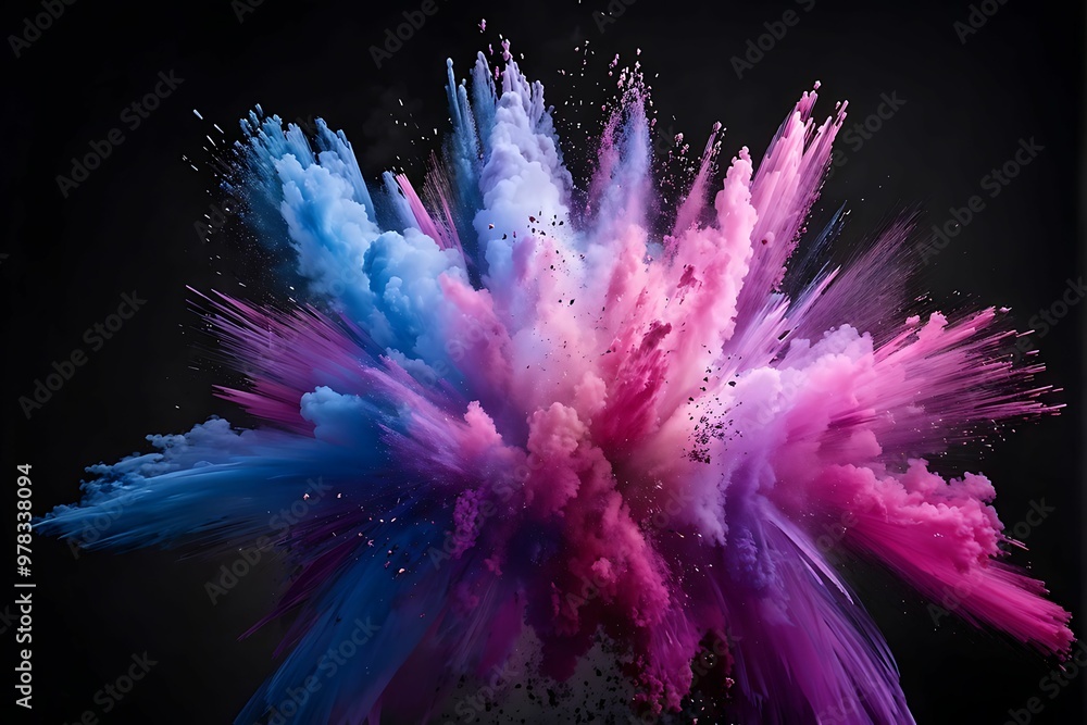 A vibrant pink and blue powder explosion against a black background A vibrant pink and blue powder explosion against a black background