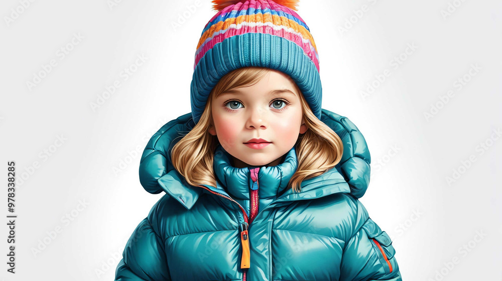 Child wearing knit hat and puffer jacket on plain white background Child wearing knit hat and puffer jacket on plain white background