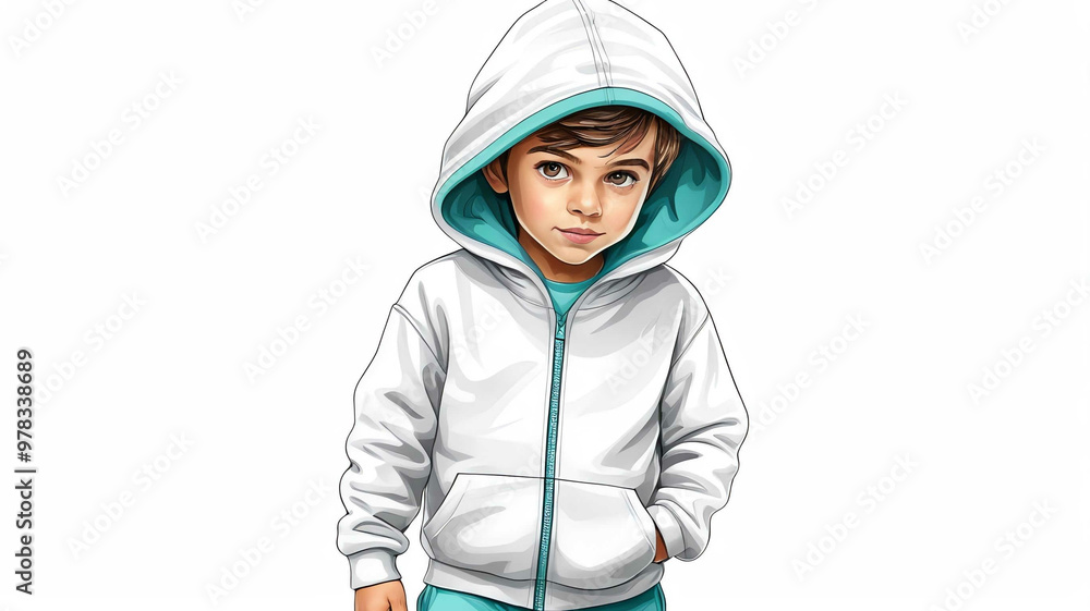 Child wearing thermal hoodie and sweatpants on plain white background Child wearing thermal hoodie and sweatpants on plain white background