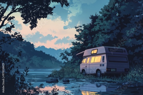 A Cozy Road Trip Scene Featuring A Camper Van Parked Beside A Serene River, Surrounded By Lush Greenery And Illuminated. Cozy Vibe, Generative AI photo