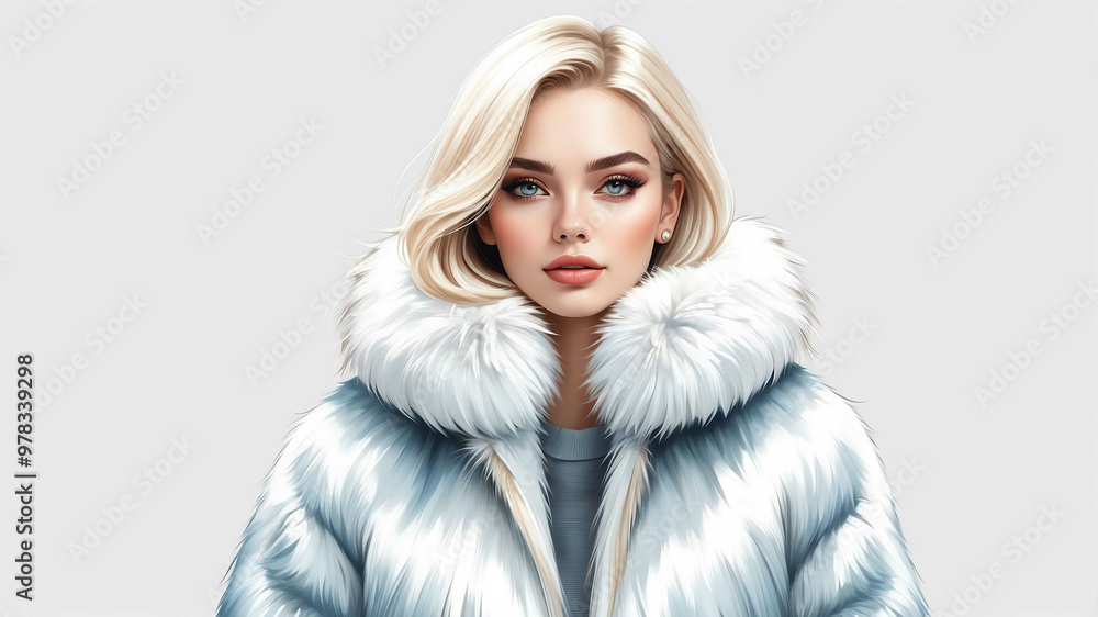 Girl wearing faux fur coat on plain white background Girl wearing faux fur coat on plain white background