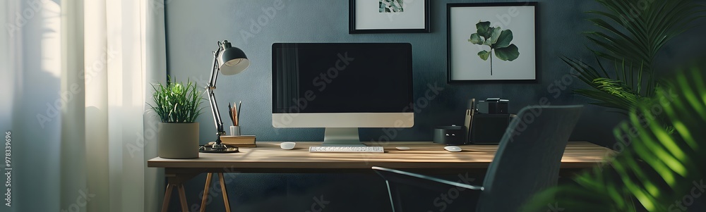 41. **A stylish home office with a large desk, computer setup, and a clean, uncluttered backdrop. 41. **A stylish home office with a large desk, computer setup, and a clean, uncluttered backdrop.