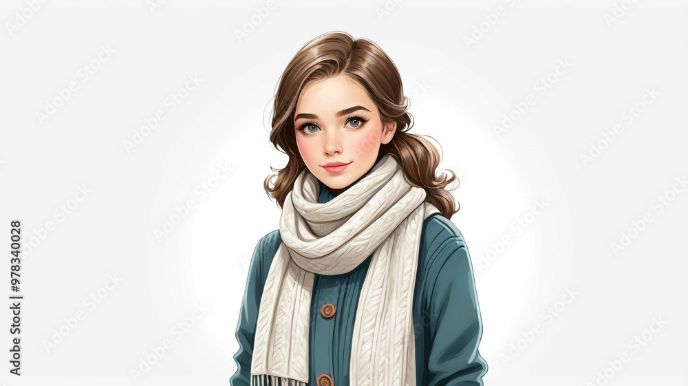 Girl wearing wool dress and scarf on plain white background Girl wearing wool dress and scarf on plain white background