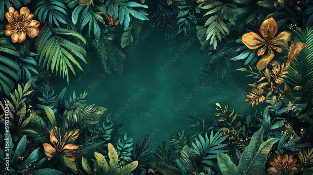 Mystical jungle landscape with hidden tigers and exotic plants Mystical jungle landscape with hidden tigers and exotic plants