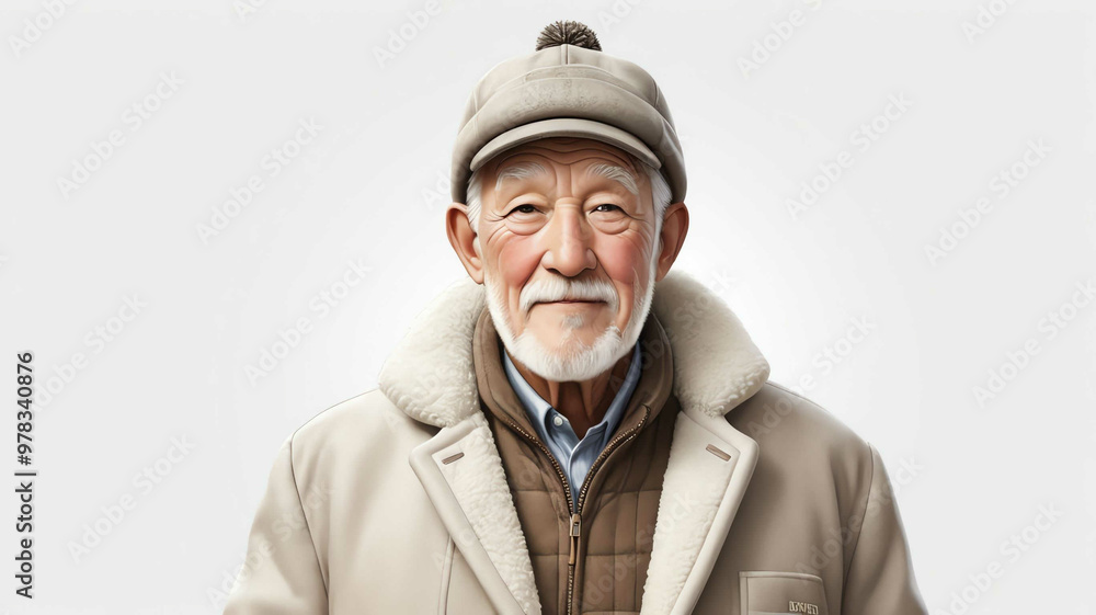grandfather wearing sherpalined coat and cap on plain white background grandfather wearing sherpalined coat and cap on plain white background