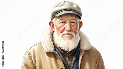 grandfather wearing sherpalined coat and cap on plain white background photo