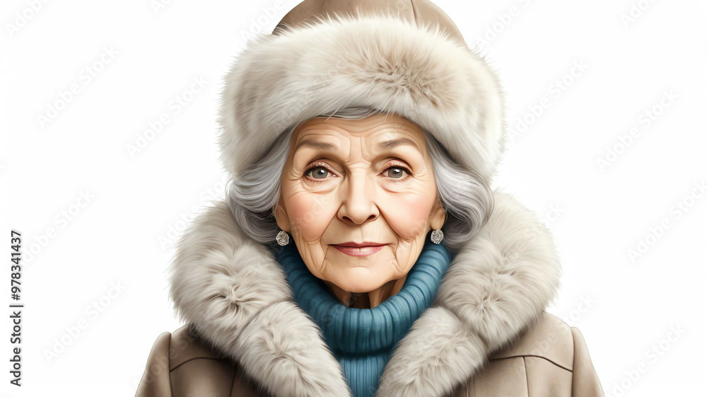 Grandmother wearing fur hat and wool coat on plain white background Grandmother wearing fur hat and wool coat on plain white background