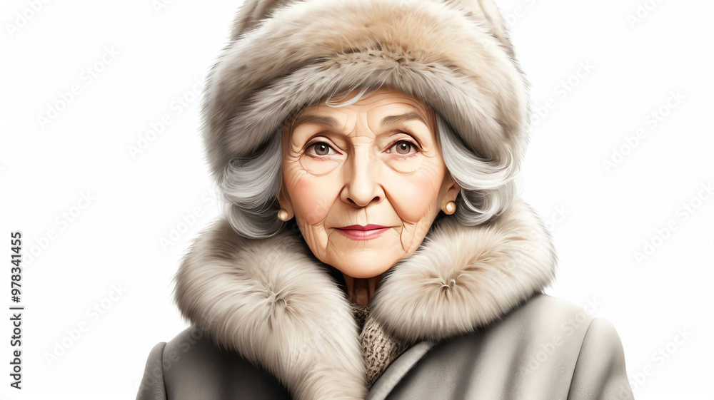 Grandmother wearing fur hat and wool coat on plain white background Grandmother wearing fur hat and wool coat on plain white background