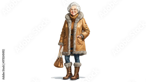 grandmother wearing furlined jacket and boots on plain white background