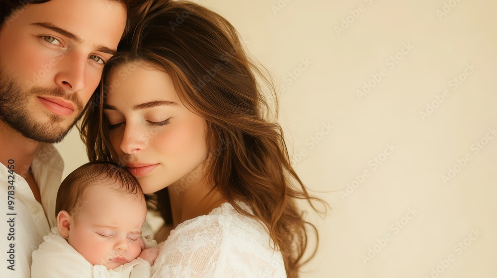 A heartwarming portrait of a young family with their newborn baby, emphasizing the love and tenderness of new parenthood. A heartwarming portrait of a young family with their newborn baby, emphasizing the love and tenderness of new parenthood.