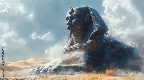 Ancient Egyptian Sphinx Protector Sculpted in Gleaming Basalt Against Desert Dunes
