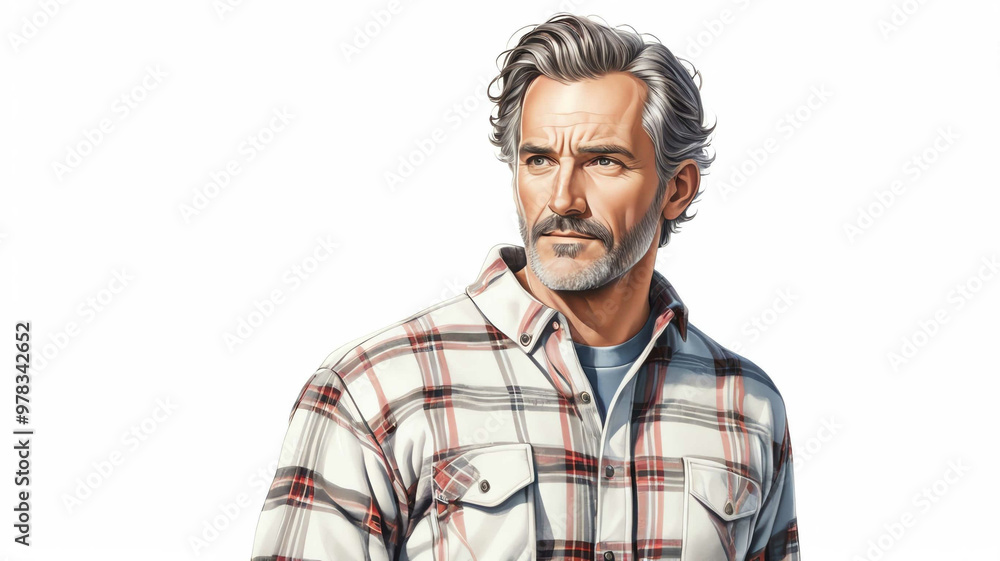 Man wearing thermal shirt and flannel on plain white background Man wearing thermal shirt and flannel on plain white background