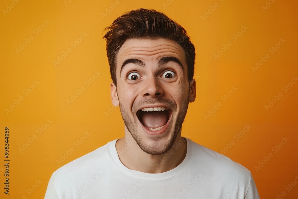 Excited young man smiling broadly against a vibrant orange background Excited young man smiling broadly against a vibrant orange background
