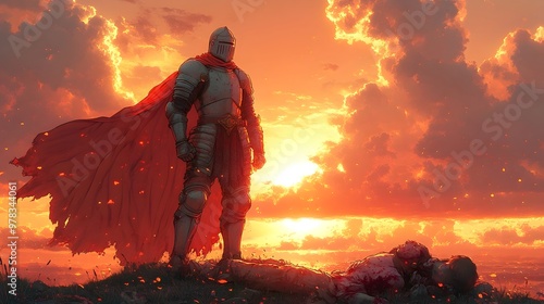 Victorious Knight Standing Over Defeated Foe in Epic Sunset Landscape