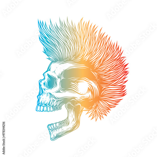 A skull with an open mouth and a punk rock hairstyle. T-shirt design, stickers, print.