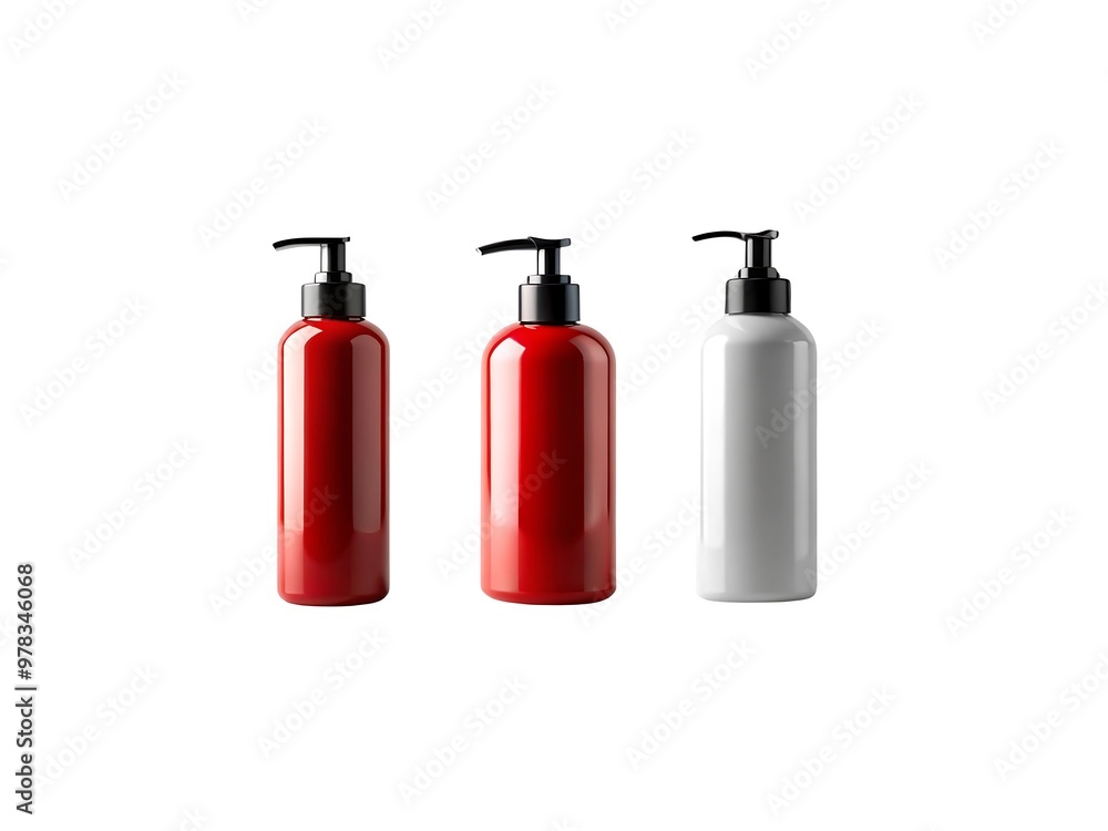 Obraz premium Blank Red and White Two Shampoo Bottles with Black Pump Mockup Design On White Background