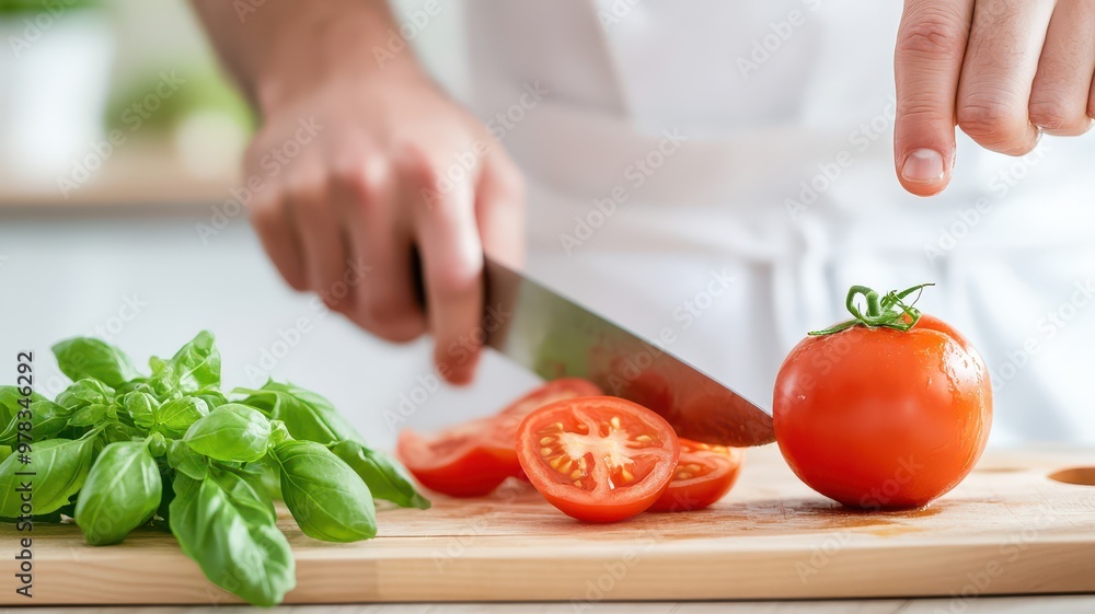 Fresh ingredients being prepared in a kitchen. A chef slices a ripe tomato alongside vibrant basil leaves. Fresh ingredients being prepared in a kitchen. A chef slices a ripe tomato alongside vibrant basil leaves.