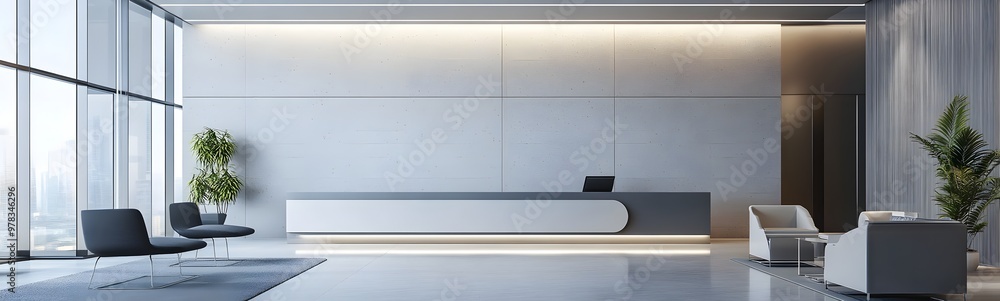 27. **A modern office lobby with sleek furniture, a reception desk, and a clear, minimalist design. 27. **A modern office lobby with sleek furniture, a reception desk, and a clear, minimalist design.
