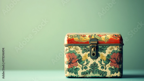 A vintage floral patterned box sits on a light blue background. It has a brass latch and a keyhole.