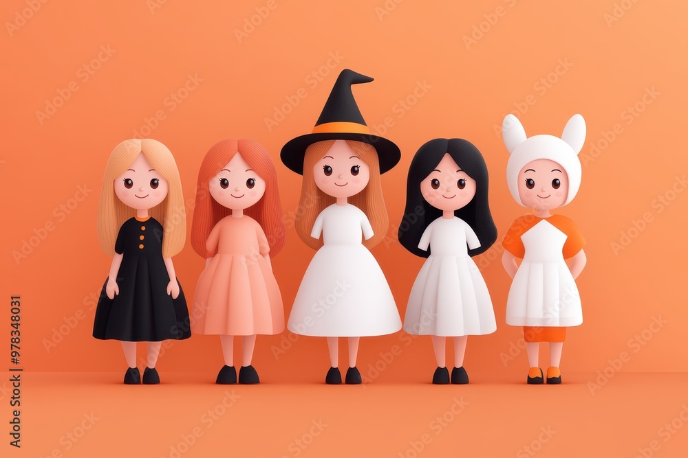A colorful collection of cute cartoon characters in unique costumes against an orange background, perfect for playful designs. A colorful collection of cute cartoon characters in unique costumes against an orange background, perfect for playful designs.