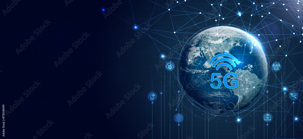 Obraz premium Global 5G network wireless systems and internet technology concept. smart city communication network. 5G wireless mobile internet wifi connection data. Elements of this image furnished by NASA.