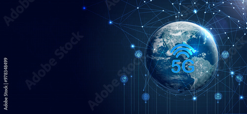 Fototapeta Naklejka Na Ścianę i Meble -  Global 5G network wireless systems and internet technology concept. smart city communication network. 5G wireless mobile internet wifi connection data. Elements of this image furnished by NASA.