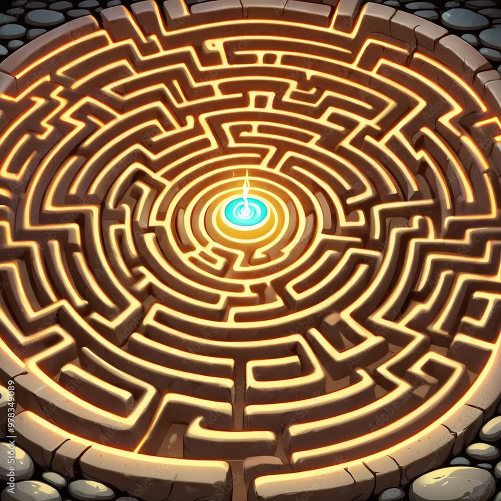 A detailed maze design featuring a glowing center, surrounded by stone textures. Ideal for themes of mystery, exploration, and problem-solving. A detailed maze design featuring a glowing center, surrounded by stone textures. Ideal for themes of mystery, exploration, and problem-solving.