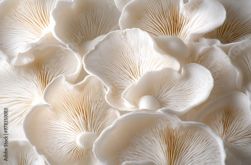 Close-up of white oyster mushrooms arranged in a pattern on a clean background