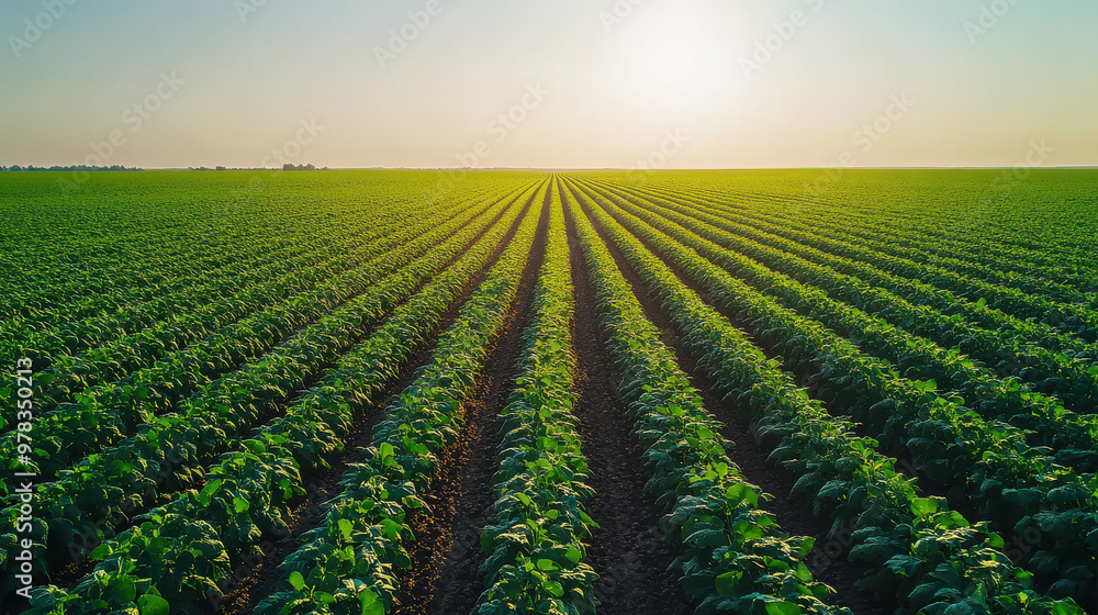 Green Rows of Crops at Sunset. Green Rows of Crops at Sunset.
