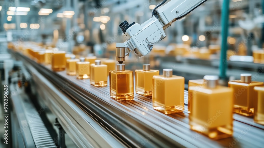 Robotic arm filling perfume bottles on a conveyor belt. Robotic arm filling perfume bottles on a conveyor belt.