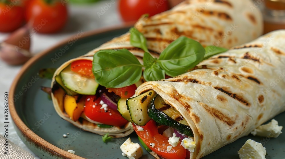 Close-Up of Grilled Veggie Wrap with Tangy Feta on Plate Close-Up of Grilled Veggie Wrap with Tangy Feta on Plate