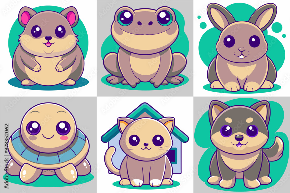 Fototapeta premium Drawings of six pets in a kawaii style 