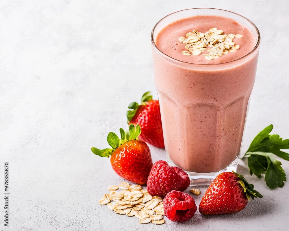 Strawberry smoothie in a clear glass with fresh berries, oats, and fiber supplements arranged in the background, fiber-enhanced smoothie, nutritious snack Strawberry smoothie in a clear glass with fresh berries, oats, and fiber supplements arranged in the background, fiber-enhanced smoothie, nutritious snack