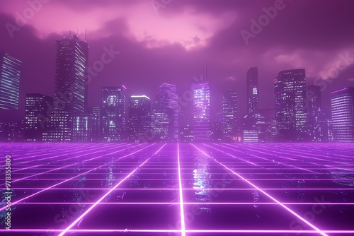 Futuristic city skyline with a neon-lit purple grid and reflective water surface.